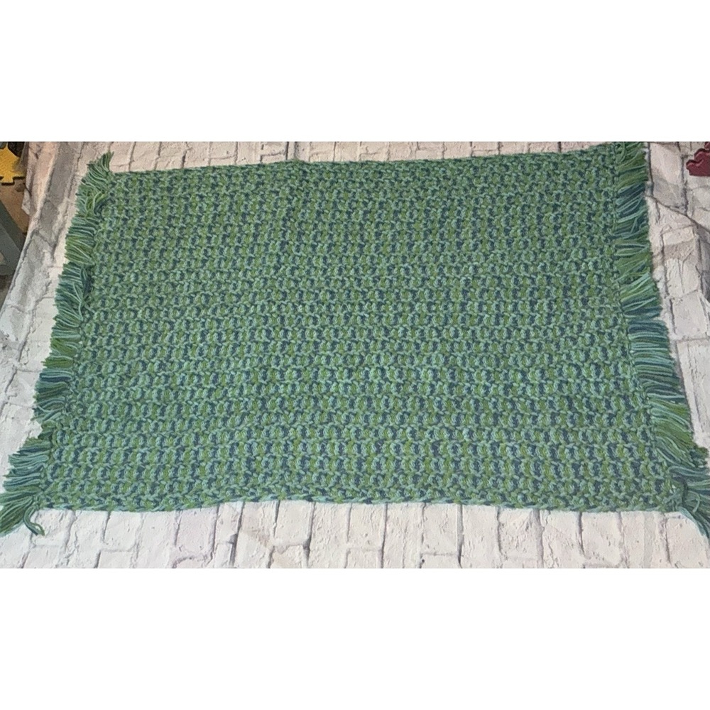 Handmade Vintage Large Crocheted Afghan 55x36 Greens And Blues